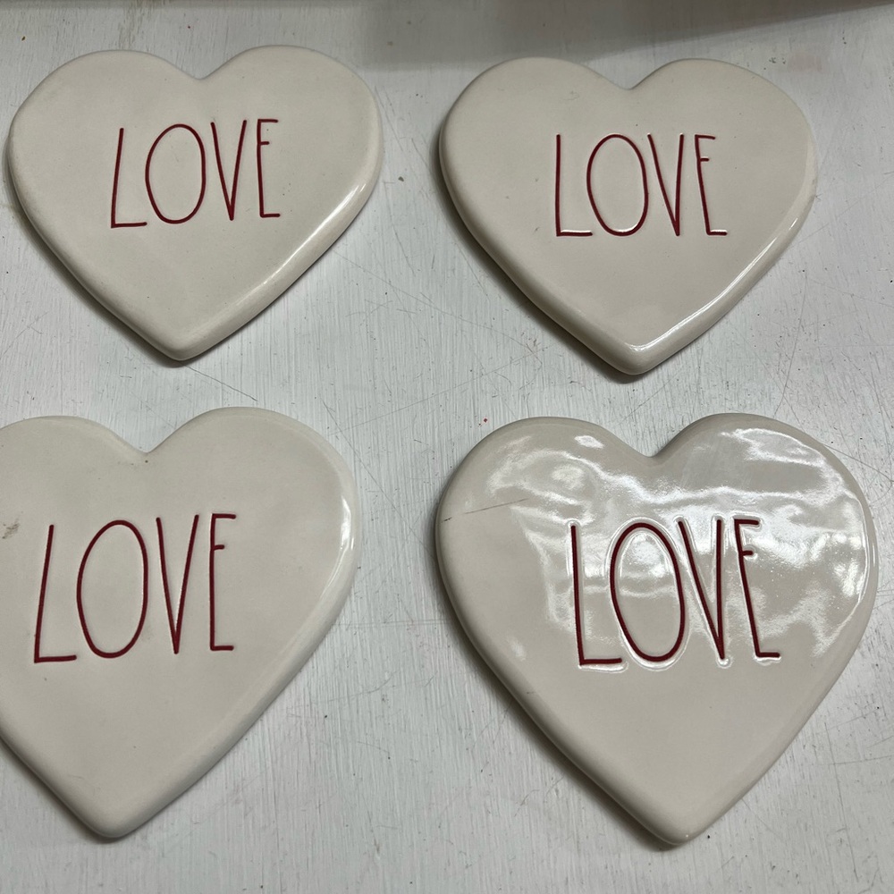 Rae Dunn White Heart Coasters with Red 'Love' Text